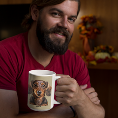 15 oz White Ceramic Mug with Adorable Long-Haired Dachshund Design – Ideal for Coffee, Tea, and Dog Enthusiasts.