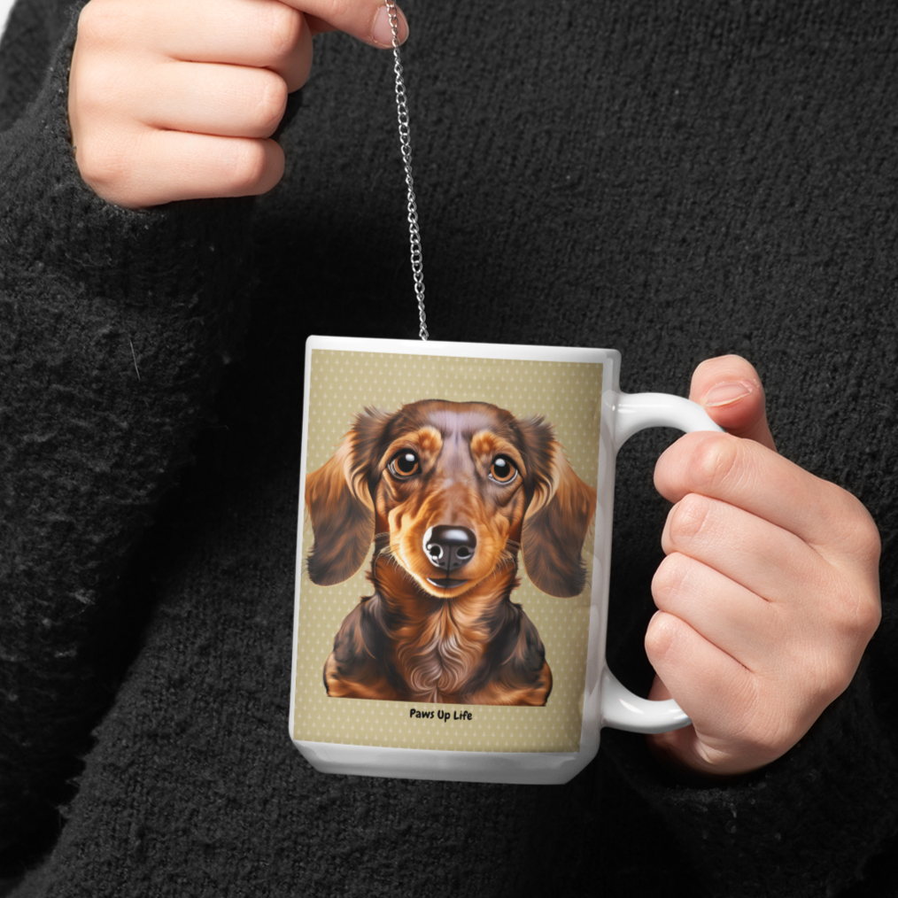 15 oz White Ceramic Mug with Adorable Long-Haired Dachshund Design – Ideal for Coffee, Tea, and Dog Enthusiasts.