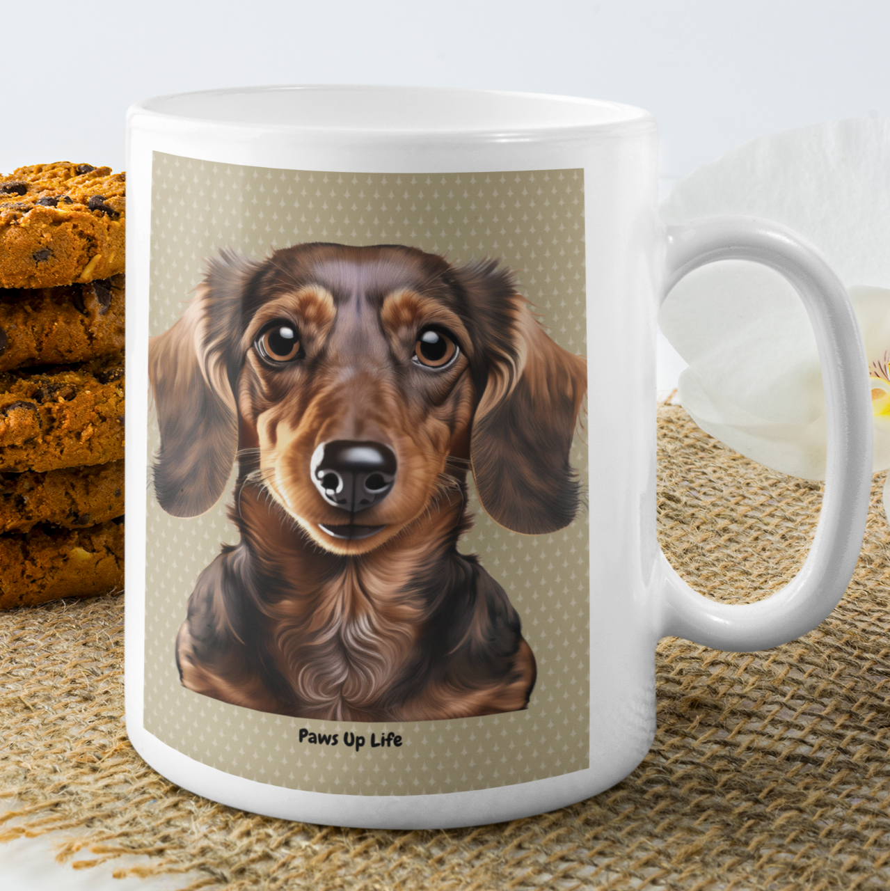 15 oz White Ceramic Mug with Adorable Long-Haired Dachshund Design – Ideal for Coffee, Tea, and Dog Enthusiasts.