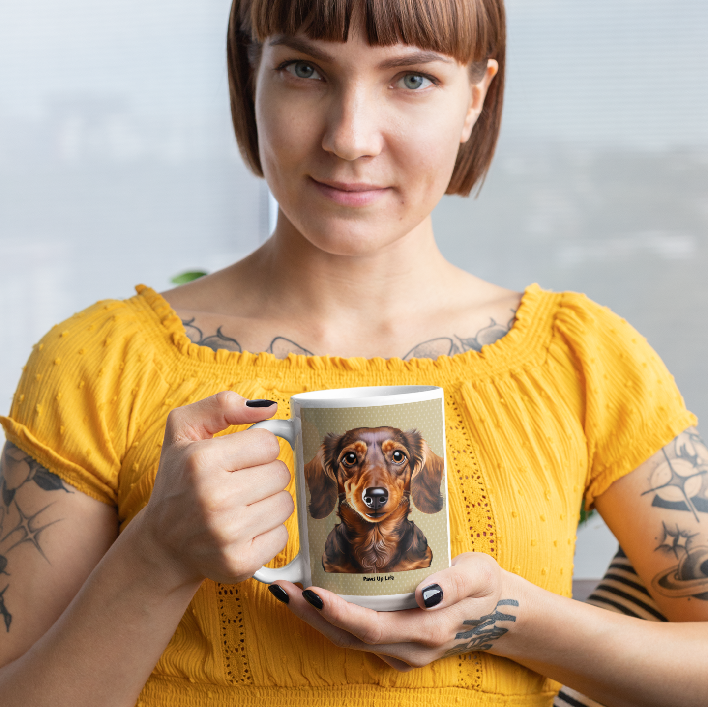 15 oz White Ceramic Mug with Adorable Long-Haired Dachshund Design – Ideal for Coffee, Tea, and Dog Enthusiasts.